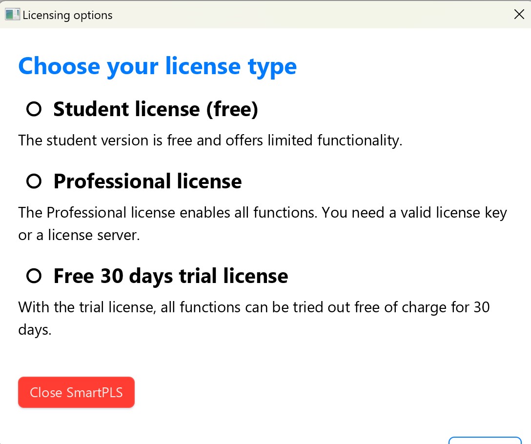 License Activation Dialog in SmartPLS