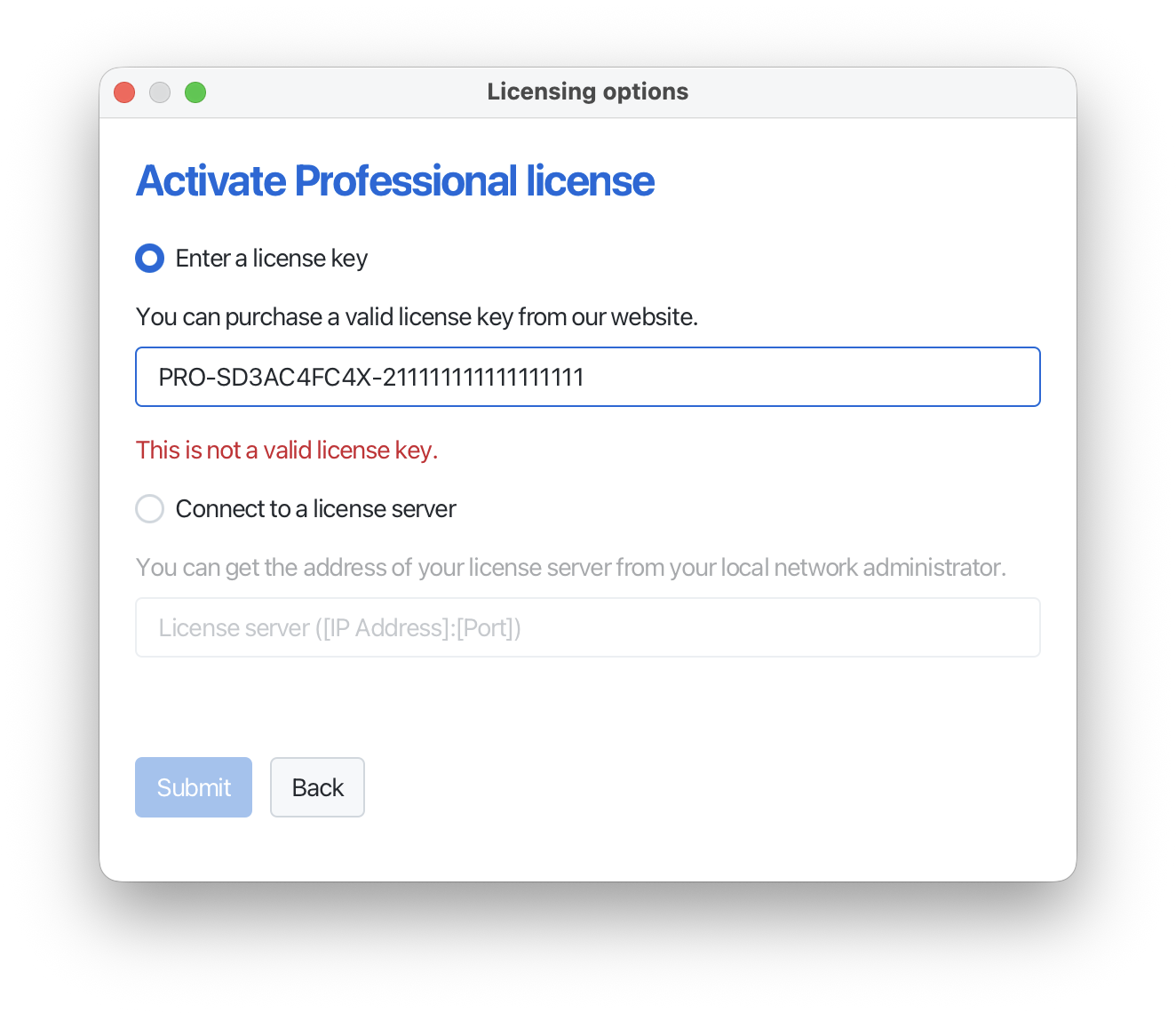 SmartPLS dialog "Activate Professional license" with a license key in the field and the message "This is not a valid license key."