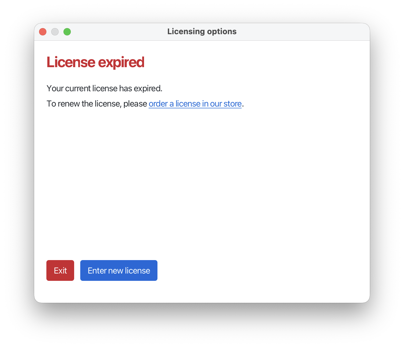 SmartPLS dialog "License expired" with a link to the store and the buttons Exit and Enter new license